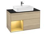 Villeroy und Boch Finion Waschtischunterschrank F362HFPC 100cm, Abdeckplatte black matt, Regal links Gold matt, Oak Veneer