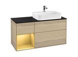 Villeroy und Boch Finion Waschtischunterschrank F392HFPC 120cm, Abdeckplatte black matt, Regal links Gold matt, Oak Veneer