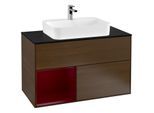 Villeroy und Boch Finion Waschtischunterschrank G362HBGN 100cm, Abdeckplatte black matt, Emotion, Regal links Peony, Walnut veneer