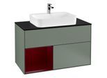 Villeroy und Boch Finion Waschtischunterschrank G362HBGM 100cm, Abdeckplatte black matt, Emotion, Regal links Peony, Olive Matt Lacquer