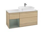 Villeroy und Boch Finion Waschtischunterschrank F391GMPC 120cm, Abdeckplatte white matt, Regal links Olive Matt Lacquer, Oak Veneer