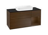 Villeroy und Boch Finion Waschtischunterschrank F302GNGN 120cm, Abdeckplatte black matt, Regal rechts Walnut veneer, Walnut veneer