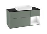 Villeroy und Boch Finion Waschtischunterschrank F302GFGM 120cm, Abdeckplatte black matt, Regal rechts Glossy white lacquer, Olive Matt Lacquer