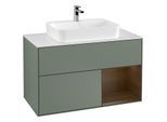 Villeroy und Boch Finion Waschtischunterschrank F371GNGM 100cm, Abdeckplatte white matt, Regal rechts Walnut veneer, Olive Matt Lacquer