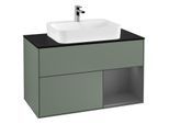 Villeroy und Boch Finion Waschtischunterschrank F372GKGM 100cm, Abdeckplatte black matt, Regal rechts Anthracite matt, Olive Matt Lacquer