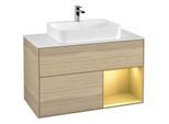 Villeroy und Boch Finion Waschtischunterschrank F371HFPC 100cm, Abdeckplatte white matt, Regal rechts Gold matt, Oak Veneer