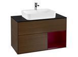 Villeroy und Boch Finion Waschtischunterschrank F372HBGN 100cm, Abdeckplatte black matt, Regal rechts Peony, Walnut veneer