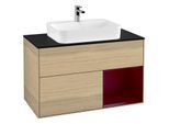 Villeroy und Boch Finion Waschtischunterschrank F372HBPC 100cm, Abdeckplatte black matt, Regal rechts Peony, Oak Veneer
