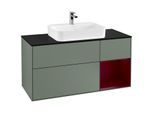 Villeroy und Boch Finion Waschtischunterschrank G422HBGM 120cm, Abdeckplatte black matt, Emotion, Regal rechts Peony matt, Olive Matt Lacquer