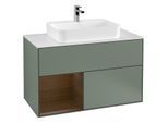 Villeroy und Boch Finion Waschtischunterschrank G361GNGM 100cm, Abdeckplatte white matt, Emotion, Regal links Walnut veneer, Olive Matt Lacquer