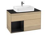 Villeroy und Boch Finion Waschtischunterschrank F362PDPC 100cm, Abdeckplatte black matt, Regal links Black matt lacquer, Oak Veneer
