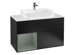 Villeroy und Boch Finion Waschtischunterschrank F361GMPD 100cm, Abdeckplatte white matt, Regal links Olive Matt Lacquer, Black matt lacquer