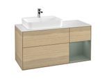 Villeroy und Boch Finion Waschtischunterschrank G401GMPC 120cm, Abdeckplatte white matt, Emotion, Regal rechts Olive Matt Lacquer, Oak Veneer