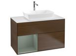 Villeroy und Boch Finion Waschtischunterschrank F771GMGN 100cm, Abdeckplatte white matt, Regale Olive matt lacquer, Walnut veneer