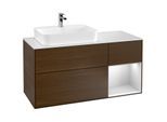 Villeroy und Boch Finion Waschtischunterschrank F401MTGN 120cm, Abdeckplatte white matt, Regal rechts White matt lacquer, Walnut veneer