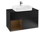 Villeroy und Boch Finion Waschtischunterschrank G362GNPD 100cm, Abdeckplatte black matt, Emotion, Regal links Walnut veneer, Black matt lacquer