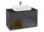Villeroy und Boch Finion Waschtischunterschrank G362GNHG 100cm, Abdeckplatte black matt, Emotion, Regal links Walnut veneer, Midnight Blue Matt Lacquer