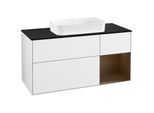 Villeroy und Boch Finion Waschtischunterschrank F302GNGF 120cm, Abdeckplatte black matt, Regal rechts Walnut veneer, Glossy white lacquer