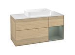 Villeroy und Boch Finion Waschtischunterschrank F301GMPC 120cm, Abdeckplatte white matt, Regal rechts Olive Matt Lacquer, Oak Veneer