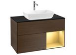 Villeroy und Boch Finion Waschtischunterschrank F782HFGN 100cm, Abdeckplatte black matt, Regale Gold matt lacquer, Walnut veneer