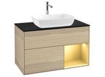 Villeroy und Boch Finion Waschtischunterschrank F782HFPC 100cm, Abdeckplatte black matt, Regale Gold matt lacquer, Oak Veneer