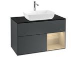 Villeroy und Boch Finion Waschtischunterschrank F782PCHG 100cm, Abdeckplatte black matt, Regale Oak Veneer, Midnight Blue Matt Lacquer