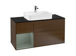 Villeroy und Boch Finion Waschtischunterschrank G412GMGN 120cm, Abdeckplatte black matt, Emotion, Regal links Olive Matt Lacquer, Walnut veneer