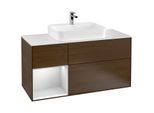 Villeroy und Boch Finion Waschtischunterschrank F411MTGN 120cm, Abdeckplatte white matt, Regal links White matt lacquer, Walnut veneer