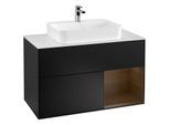 Villeroy und Boch Finion Waschtischunterschrank F371GNPD 100cm, Abdeckplatte white matt, Regal rechts Walnut veneer, Black matt lacquer