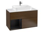 Villeroy und Boch Finion Waschtischunterschrank G361PDGN 100cm, Abdeckplatte white matt, Emotion, Regal links Black matt lacquer, Walnut veneer