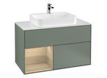 Villeroy und Boch Finion Waschtischunterschrank G361PCGM 100cm, Abdeckplatte white matt, Emotion, Regal links Oak Veneer, Olive Matt Lacquer