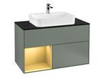 Villeroy und Boch Finion Waschtischunterschrank F362HFGM 100cm, Abdeckplatte black matt, Regal links Gold matt, Olive Matt Lacquer
