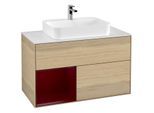 Villeroy und Boch Finion Waschtischunterschrank F361HBPC 100cm, Abdeckplatte white matt, Regal links Peony, Oak Veneer