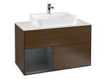 Villeroy und Boch Finion Waschtischunterschrank F361HGGN 100cm, Abdeckplatte white matt, Regal links Midnight Blue Matt Lacquer, Walnut veneer