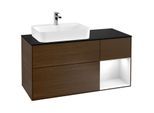 Villeroy und Boch Finion Waschtischunterschrank G402GFGN 120cm, Abdeckplatte black matt, Emotion, Regal rechts Glossy white lacquer, Walnut veneer
