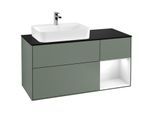 Villeroy und Boch Finion Waschtischunterschrank F402GFGM 120cm, Abdeckplatte black matt, Regal rechts Glossy white lacquer, Olive Matt Lacquer