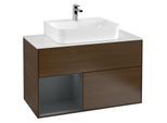 Villeroy und Boch Finion Waschtischunterschrank F111HGGN 100cm, Abdeckplatte black matt, Regal links Midnight Blue Matt Lacquer, Walnut veneer