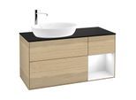 Villeroy und Boch Finion Waschtischunterschrank F932GFPC 120cm, Abdeckplatte black matt, Regale Glossy white lacquer, Oak Veneer