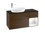 Villeroy und Boch Finion Waschtischunterschrank F932GFGN 120cm, Abdeckplatte black matt, Regale Glossy white lacquer, Walnut veneer