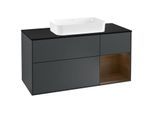 Villeroy und Boch Finion Waschtischunterschrank F302GNHG 120cm, Abdeckplatte black matt, Regal rechts Walnut veneer, Midnight Blue Matt Lacquer