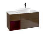 Villeroy und Boch Finion Waschtischunterschrank F941HBGN 120cm, Abdeckplatte white matt, Regale Peony matt lacquer, Walnut veneer