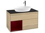 Villeroy und Boch Finion Waschtischunterschrank F892HBPC 100cm, Abdeckplatte black matt, Regale Peony matt lacquer, Oak Veneer