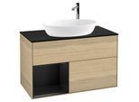 Villeroy und Boch Finion Waschtischunterschrank F892PDPC 100cm, Abdeckplatte black matt, Regale Black matt lacquer, Oak Veneer