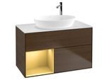 Villeroy und Boch Finion Waschtischunterschrank F891HFGN 100cm, Abdeckplatte white matt, Regale Gold matt lacquer, Walnut veneer