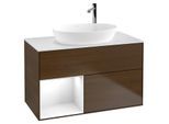 Villeroy und Boch Finion Waschtischunterschrank G891GFGN 100cm, Abdeckplatte white matt, Emotion, Regale Glossy white lacquer, Walnut veneer