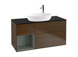 Villeroy und Boch Finion Waschtischunterschrank G942GMGN 120cm, Abdeckplatte black matt, Emotion, Regale Olive matt lacquer, Walnut veneer