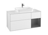 Villeroy und Boch Finion Waschtischunterschrank F421GKGF 120cm, Abdeckplatte white matt, Regal rechts Anthracite matt, Glossy white lacquer