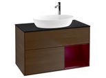 Villeroy und Boch Finion Waschtischunterschrank F902HBGN 100cm, Abdeckplatte black matt, Regale Peony matt lacquer, Walnut veneer