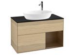 Villeroy und Boch Finion Waschtischunterschrank F902GNPC 100cm, Abdeckplatte black matt, Regale Walnut Veneer, Oak Veneer