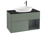 Villeroy und Boch Finion Waschtischunterschrank F902HGGM 100cm, Abdeckplatte black matt, Regale Midnight matt lacquer, Olive Matt Lacquer